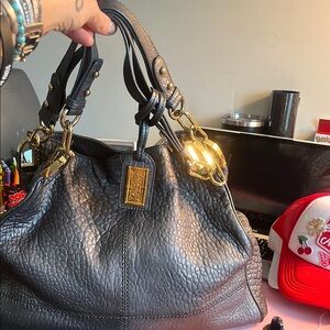 Badgley Mischka Faux Black Leather Shoulder Bag with Gold Accents